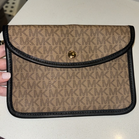 Michael Kors Handbags - Michael Kors Brown Leather Canvas Logo with Dark Trim Thin Pouch